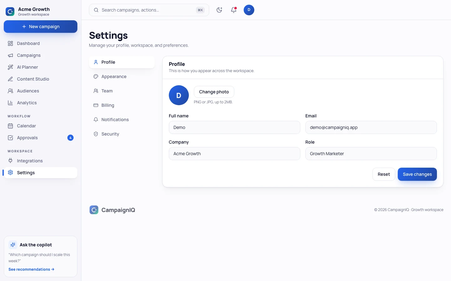 CampaignIQ - AI Marketing Campaign UI Source Code - Workspace settings