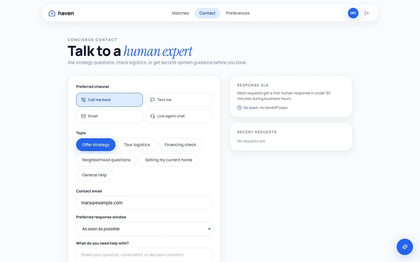 Haven - AI Home Matchmaking UI Source Code - Dashboard - Contact