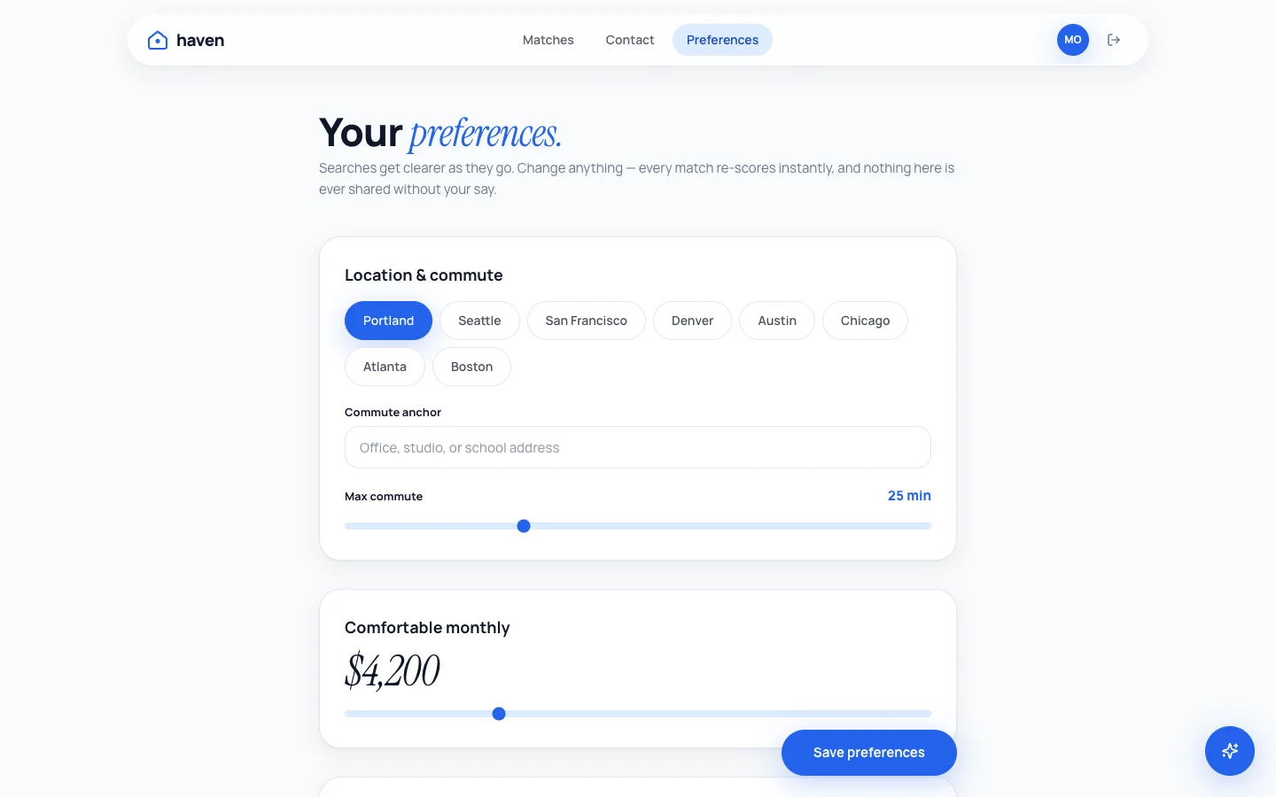 Haven - AI Home Matchmaking UI Source Code - Dashboard - Preferences