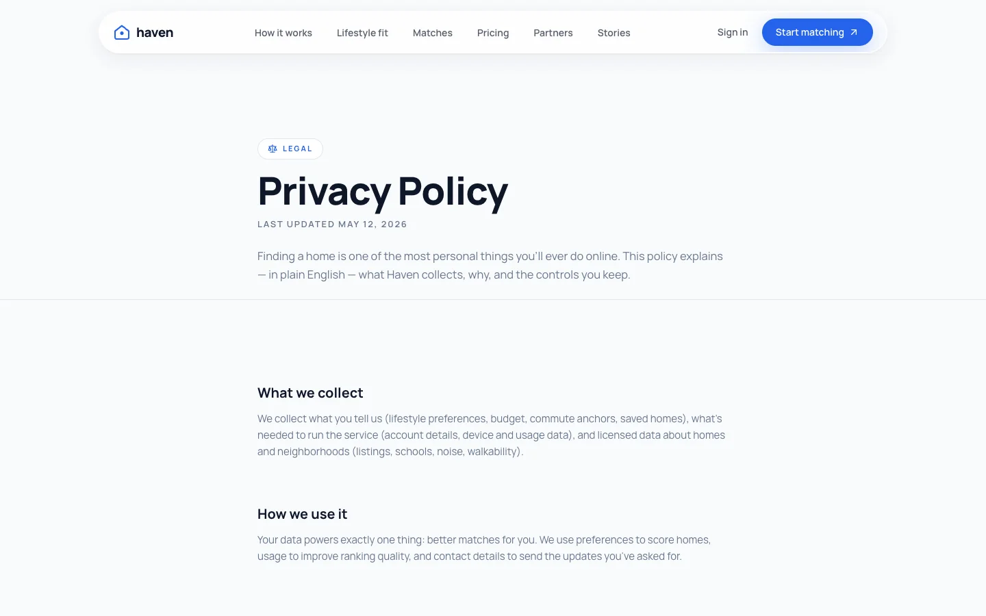 Haven - AI Home Matchmaking UI Source Code - Privacy