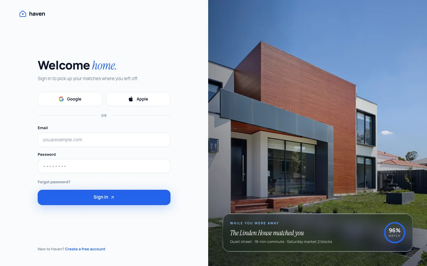 Haven - AI Home Matchmaking UI Source Code - Signin