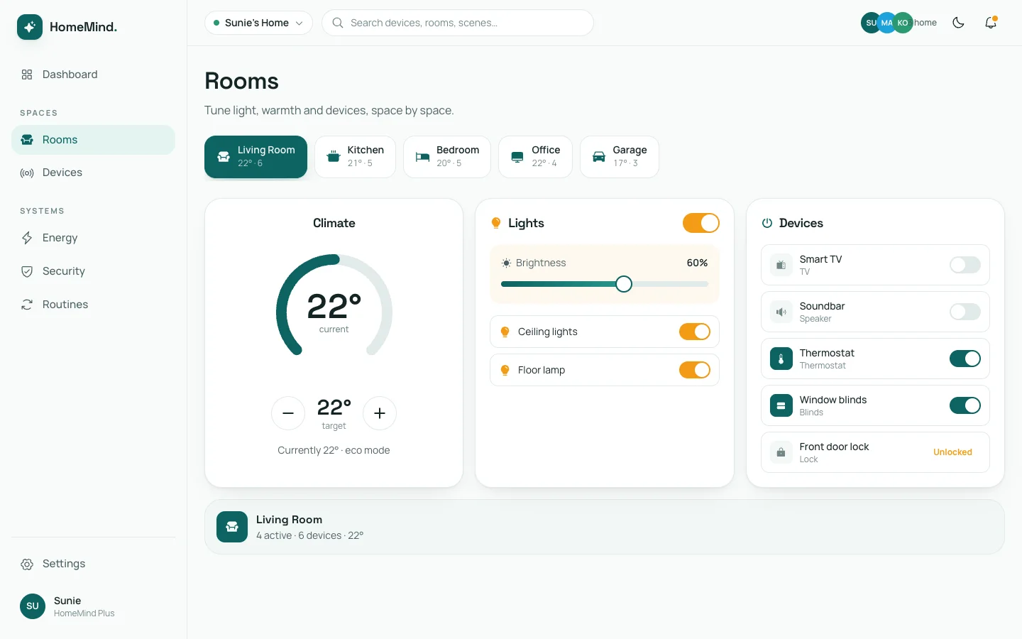 HomeMind - Smart Home AI UI Source Code - Dashboard - Rooms