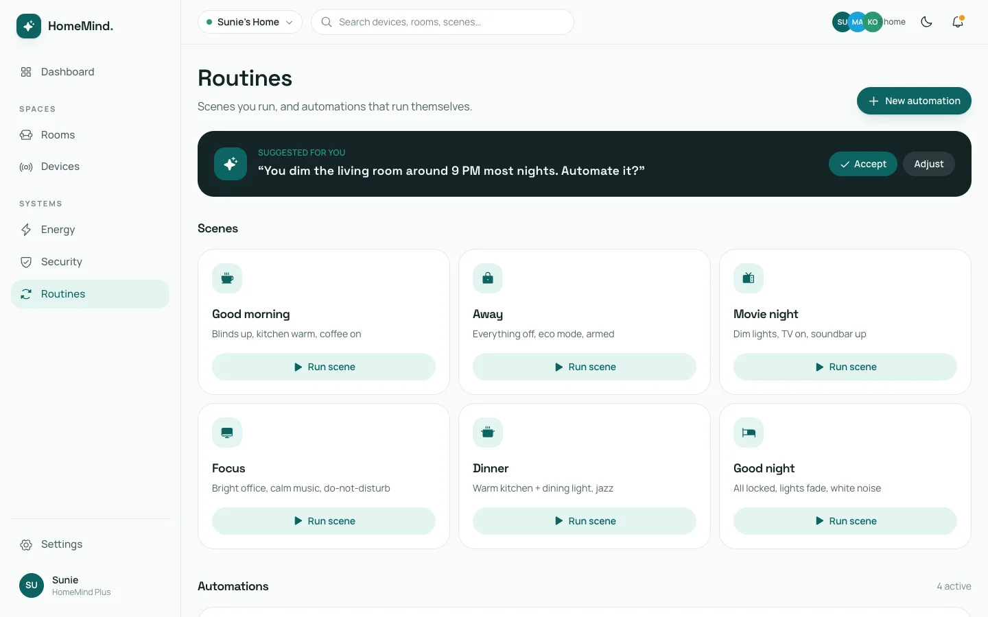 HomeMind - Smart Home AI UI Source Code - Dashboard - Routines