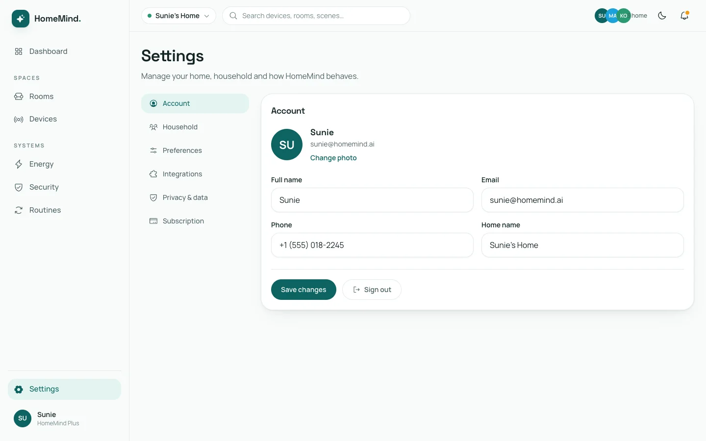 HomeMind - Smart Home AI UI Source Code - Dashboard - Settings