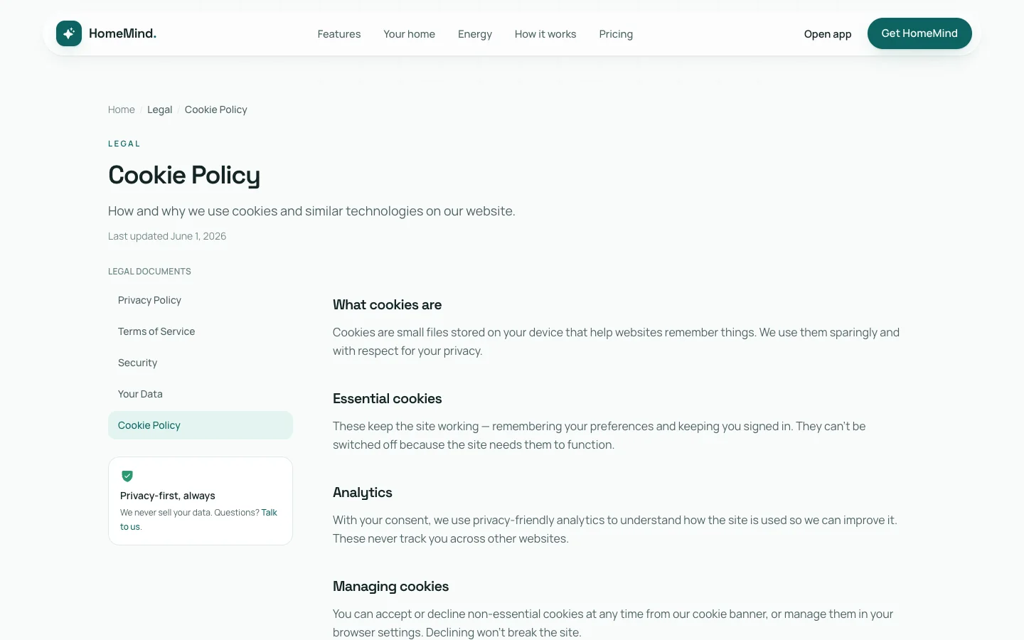 HomeMind - Smart Home AI UI Source Code - Legal - Cookies