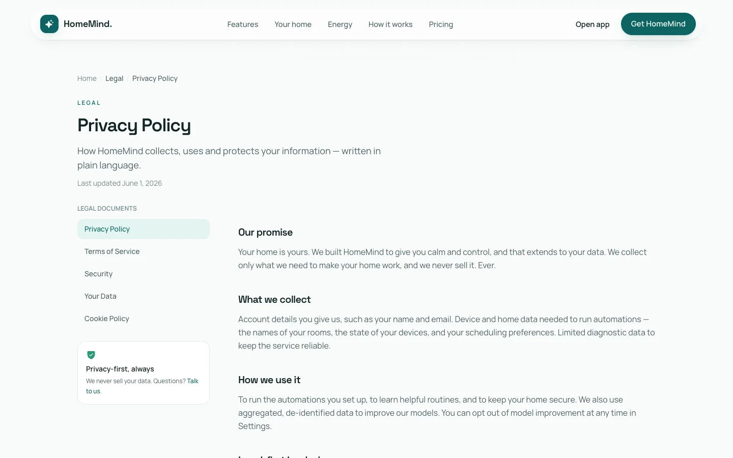 HomeMind - Smart Home AI UI Source Code - Legal - Privacy