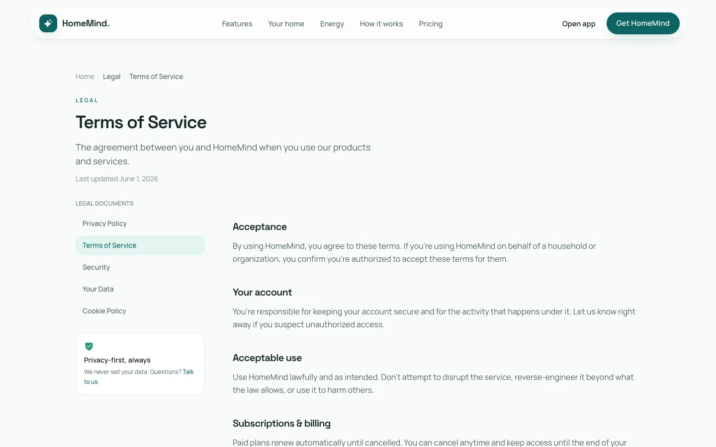 HomeMind - Smart Home AI UI Source Code - Legal - Terms