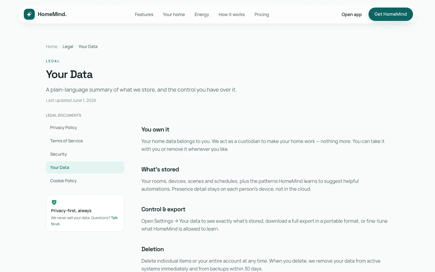 HomeMind - Smart Home AI UI Source Code - Legal - Your Data