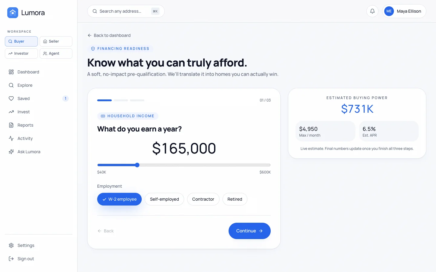 Lumora - AI Real Estate UI Source Code - Dashboard - Financing