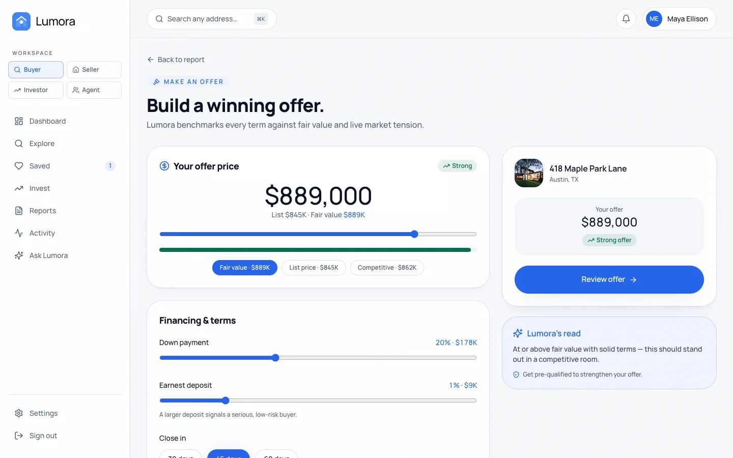 Lumora - AI Real Estate UI Source Code - Dashboard - Offer - Maple Park