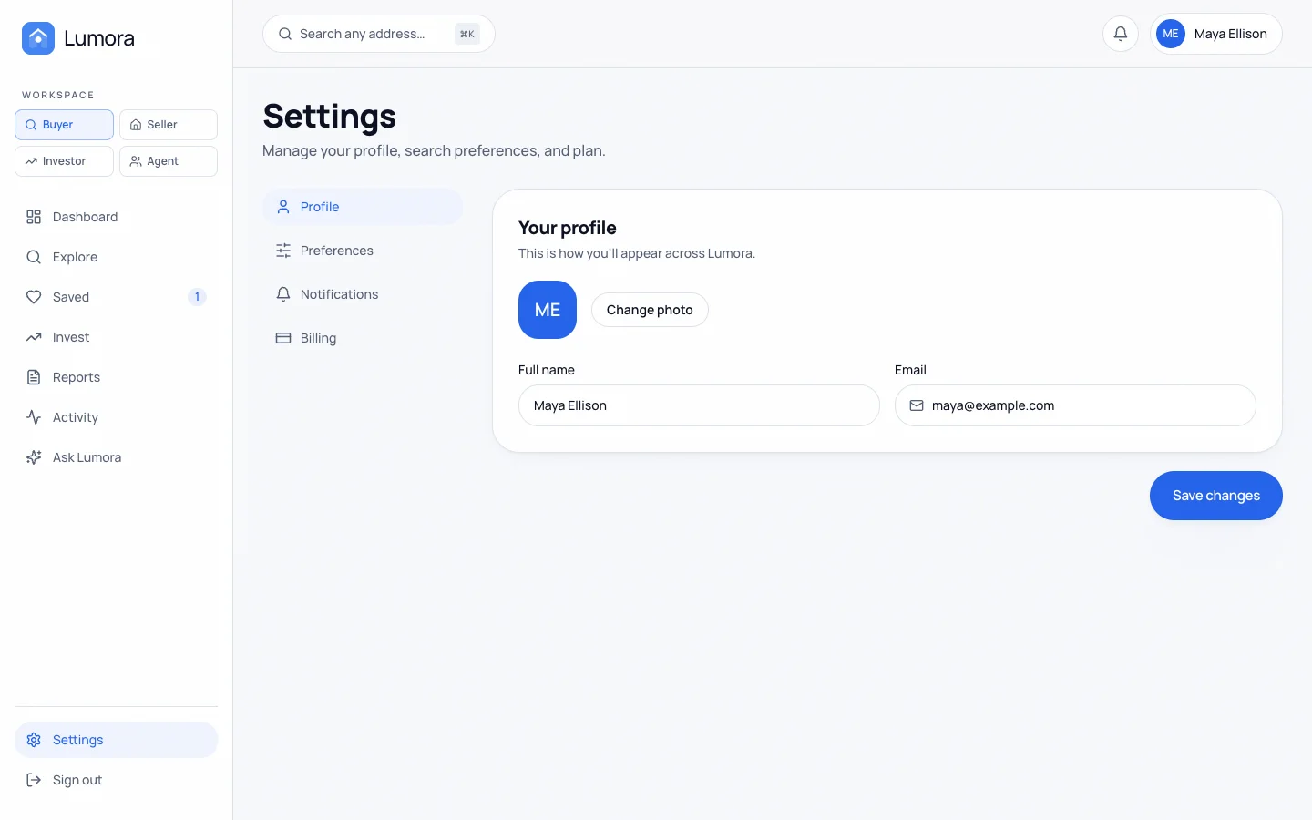 Lumora - AI Real Estate UI Source Code - Dashboard - Settings
