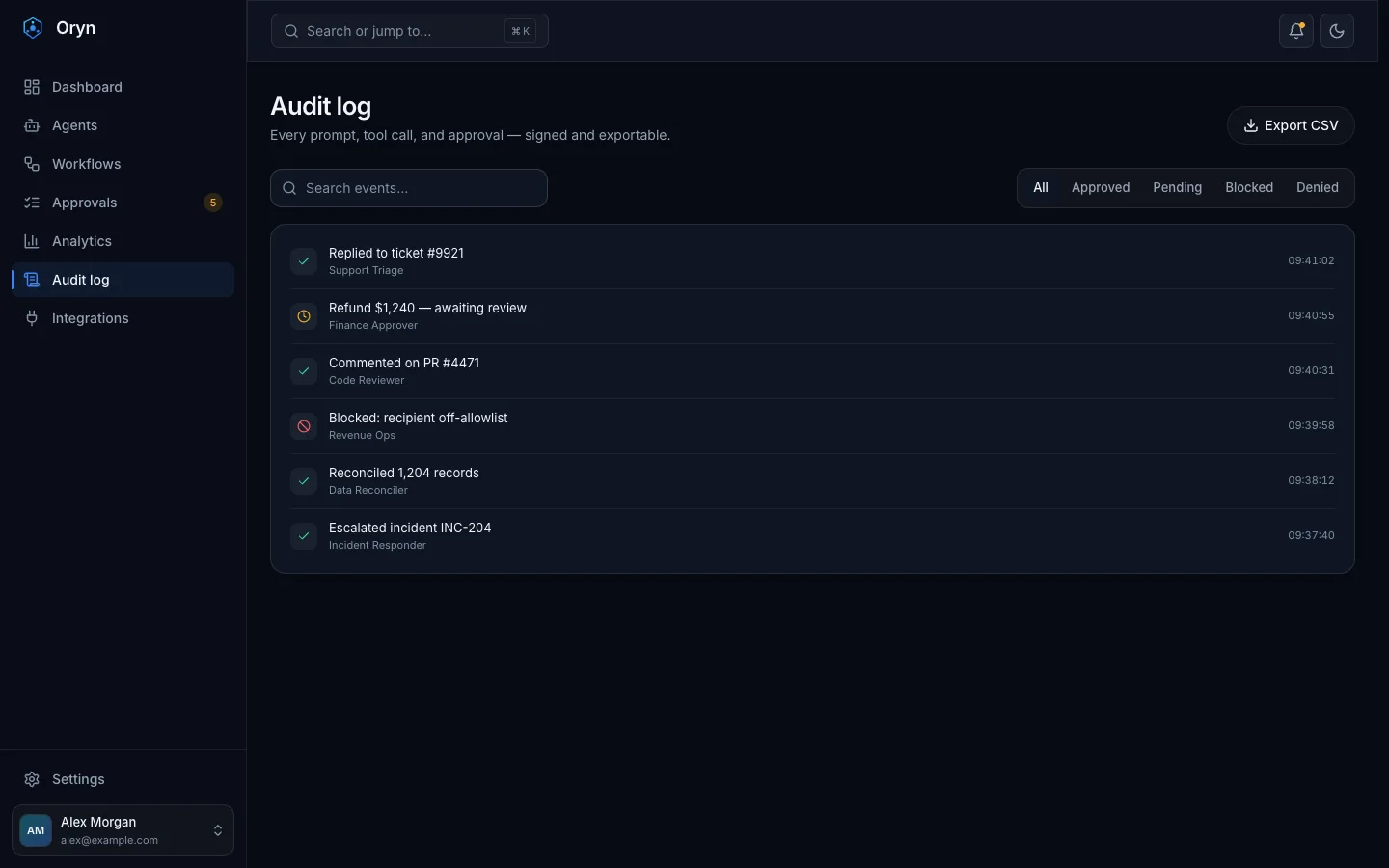Oryn - AI Agent SaaS UI Source Code - Dashboard - Audit