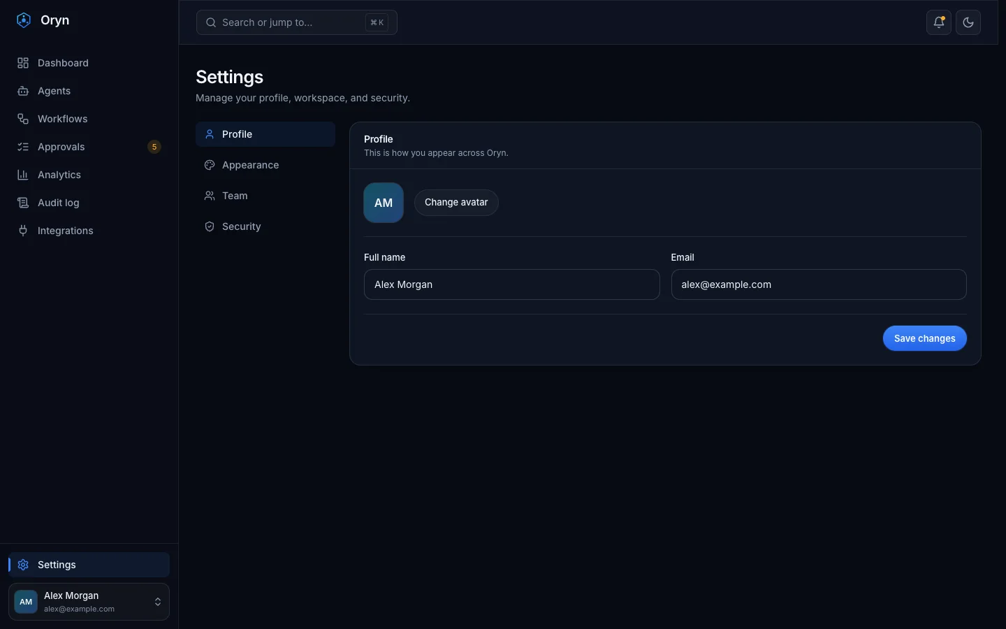 Oryn - AI Agent SaaS UI Source Code - Dashboard - Settings