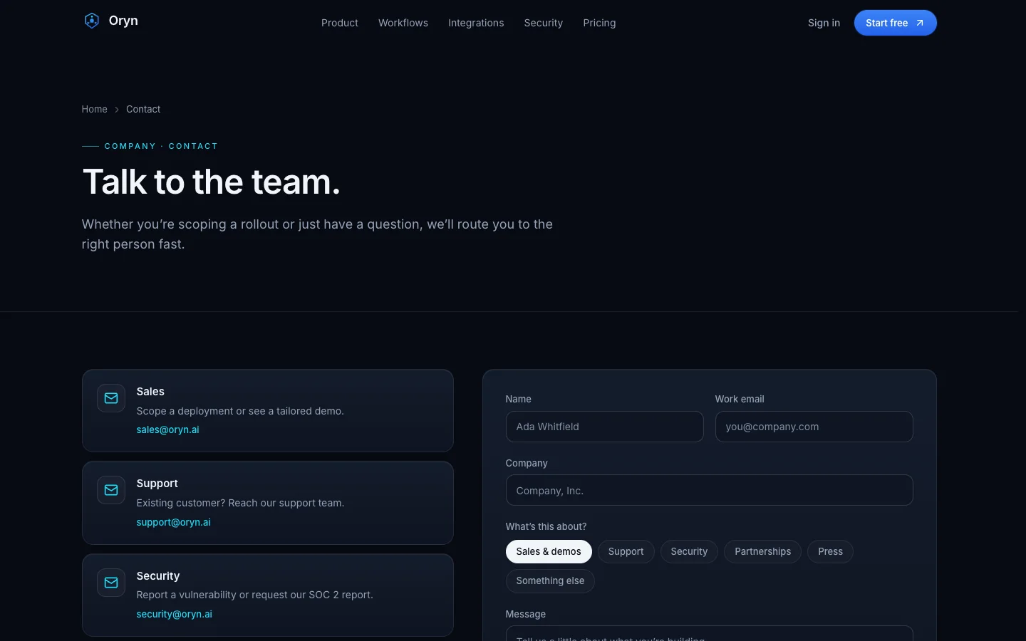 Oryn - AI Agent SaaS UI Source Code - Contact