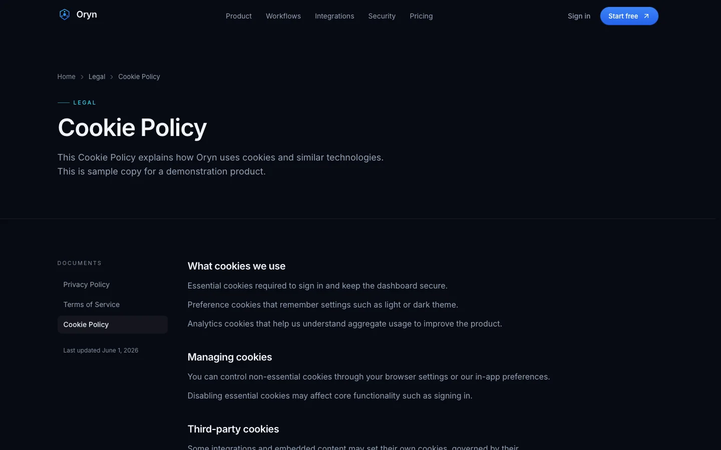 Oryn - AI Agent SaaS UI Source Code - Legal - Cookies