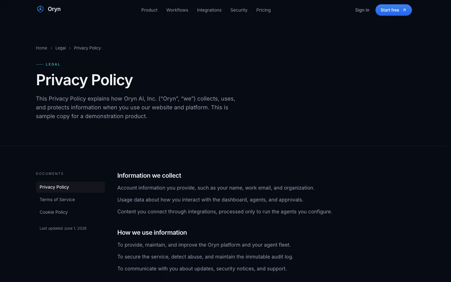 Oryn - AI Agent SaaS UI Source Code - Legal - Privacy