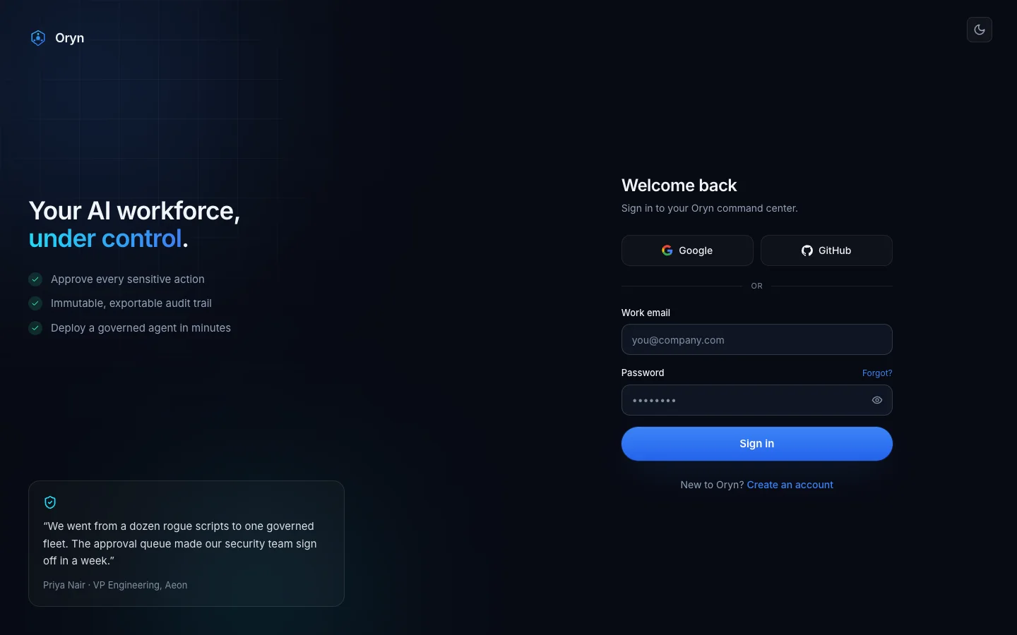 Oryn - AI Agent SaaS UI Source Code - Login