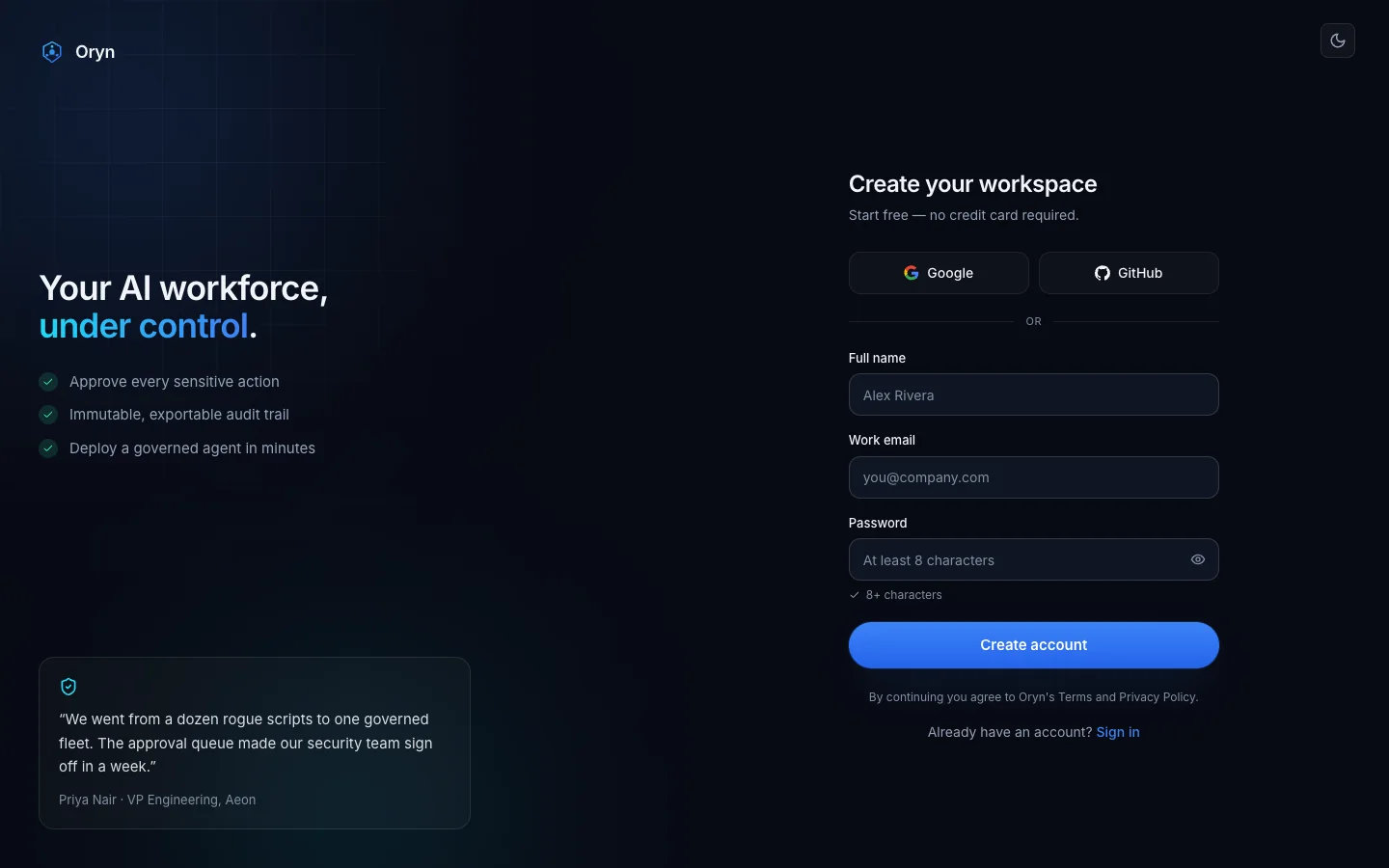 Oryn - AI Agent SaaS UI Source Code - Signup