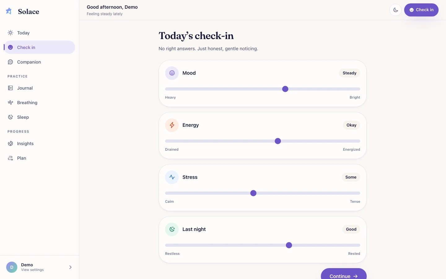 Solace - AI Wellness Companion UI Source Code - Daily mood check-in