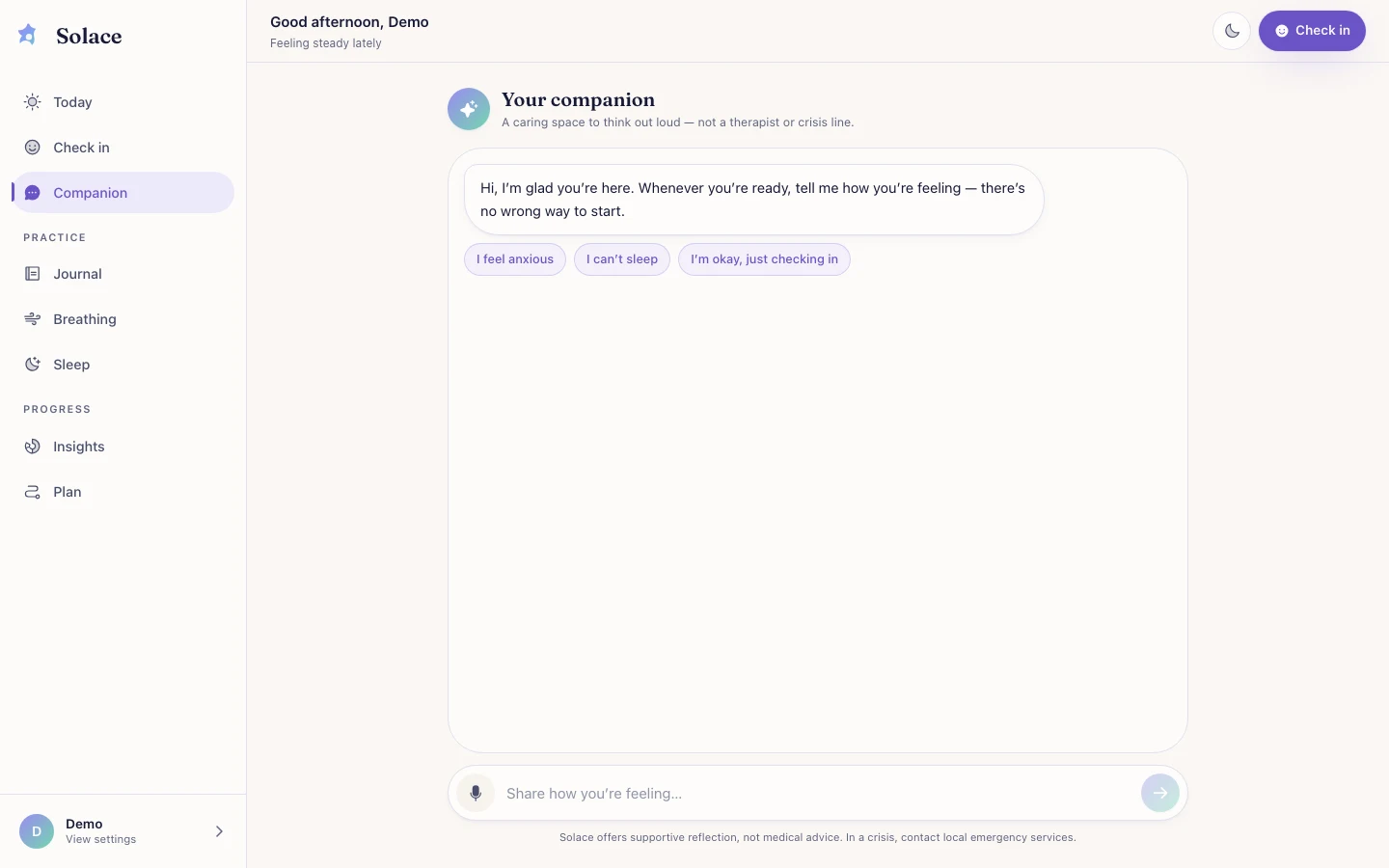 Solace - AI Wellness Companion UI Source Code - AI wellness companion