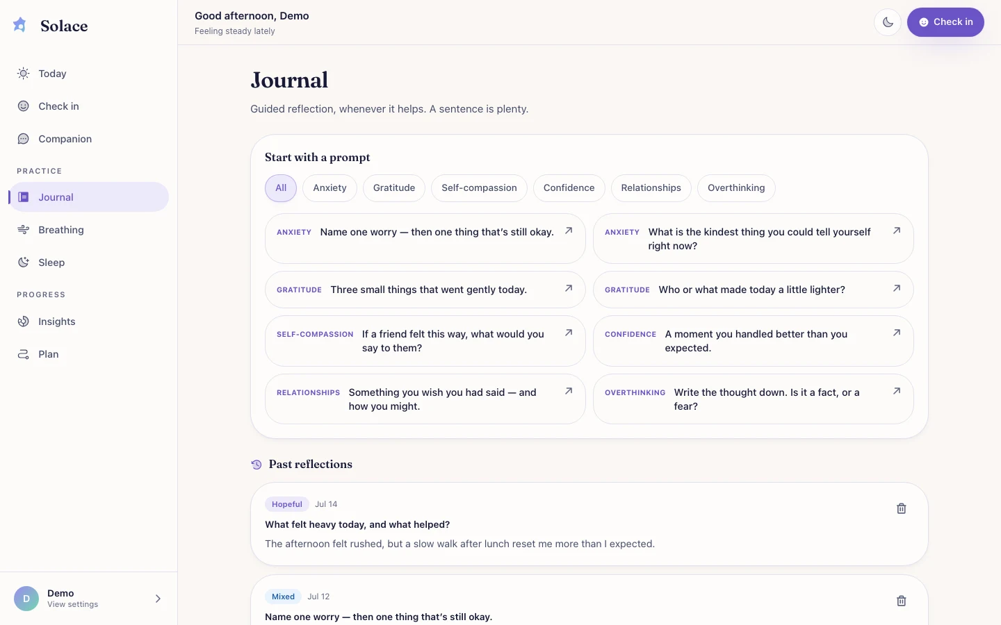 Solace - AI Wellness Companion UI Source Code - Guided journal