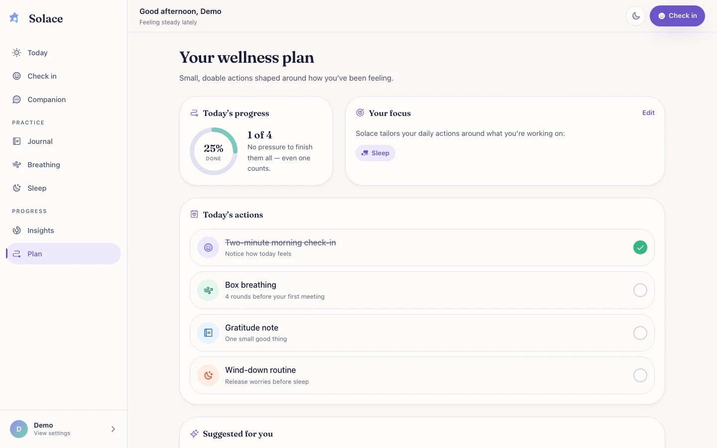 Solace - AI Wellness Companion UI Source Code - Personal care plan