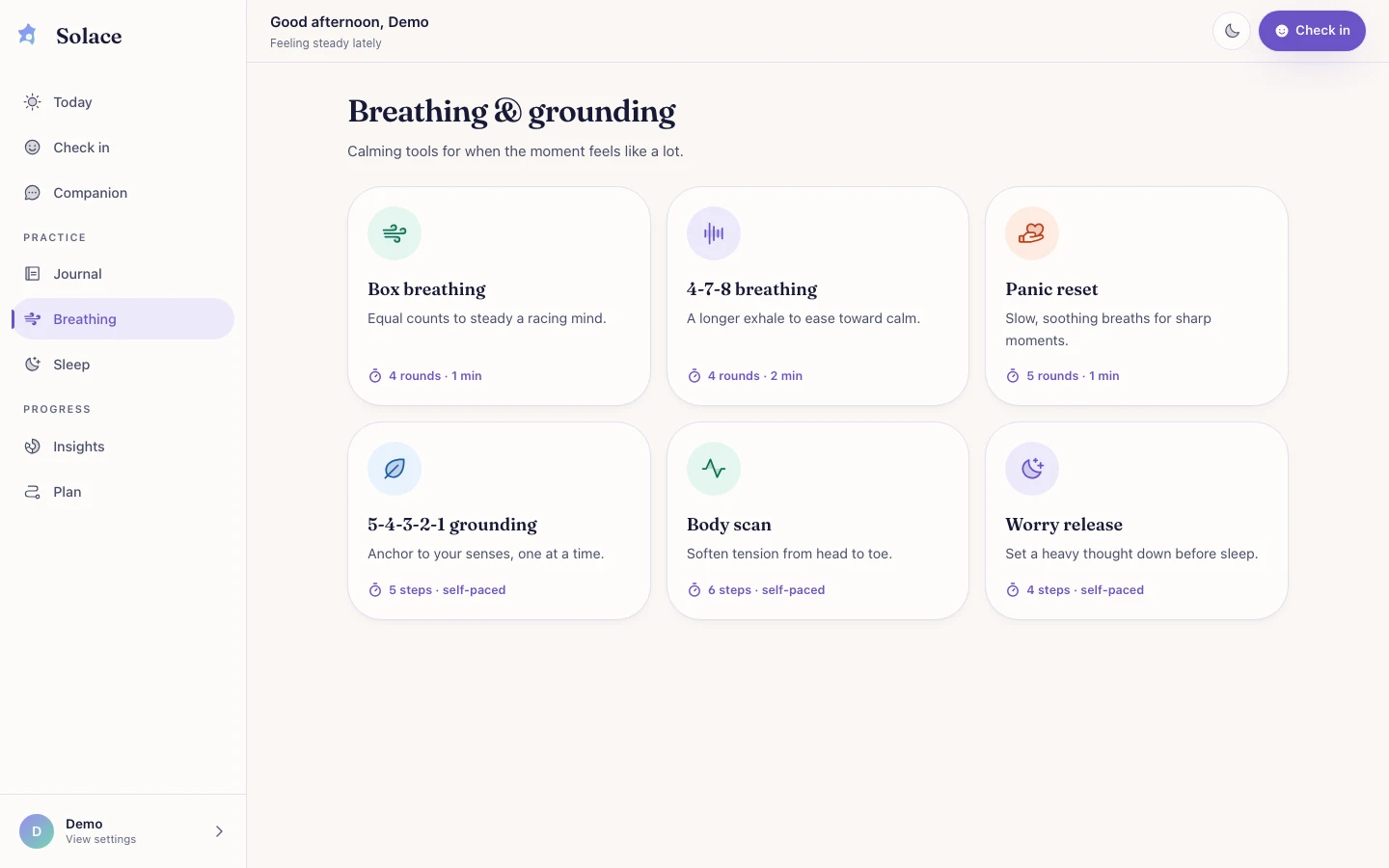 Solace - AI Wellness Companion UI Source Code - Grounding practices