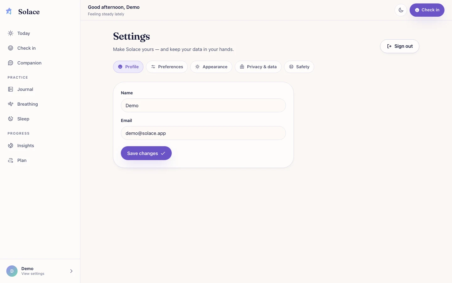 Solace - AI Wellness Companion UI Source Code - Privacy settings