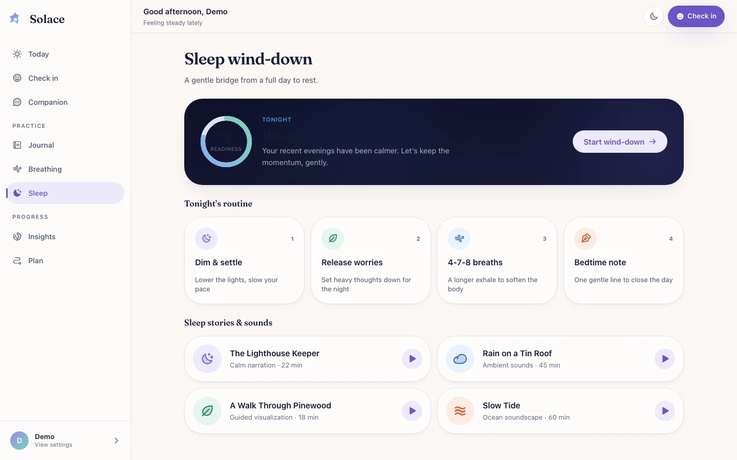 Solace - AI Wellness Companion UI Source Code - Sleep support