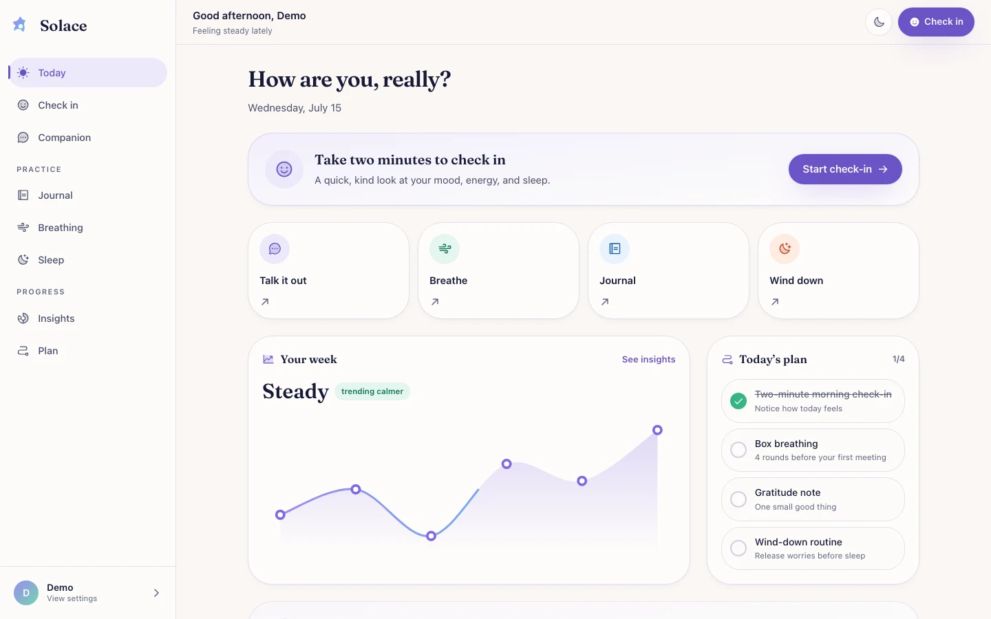 Solace - AI Wellness Companion - Daily wellness dashboard