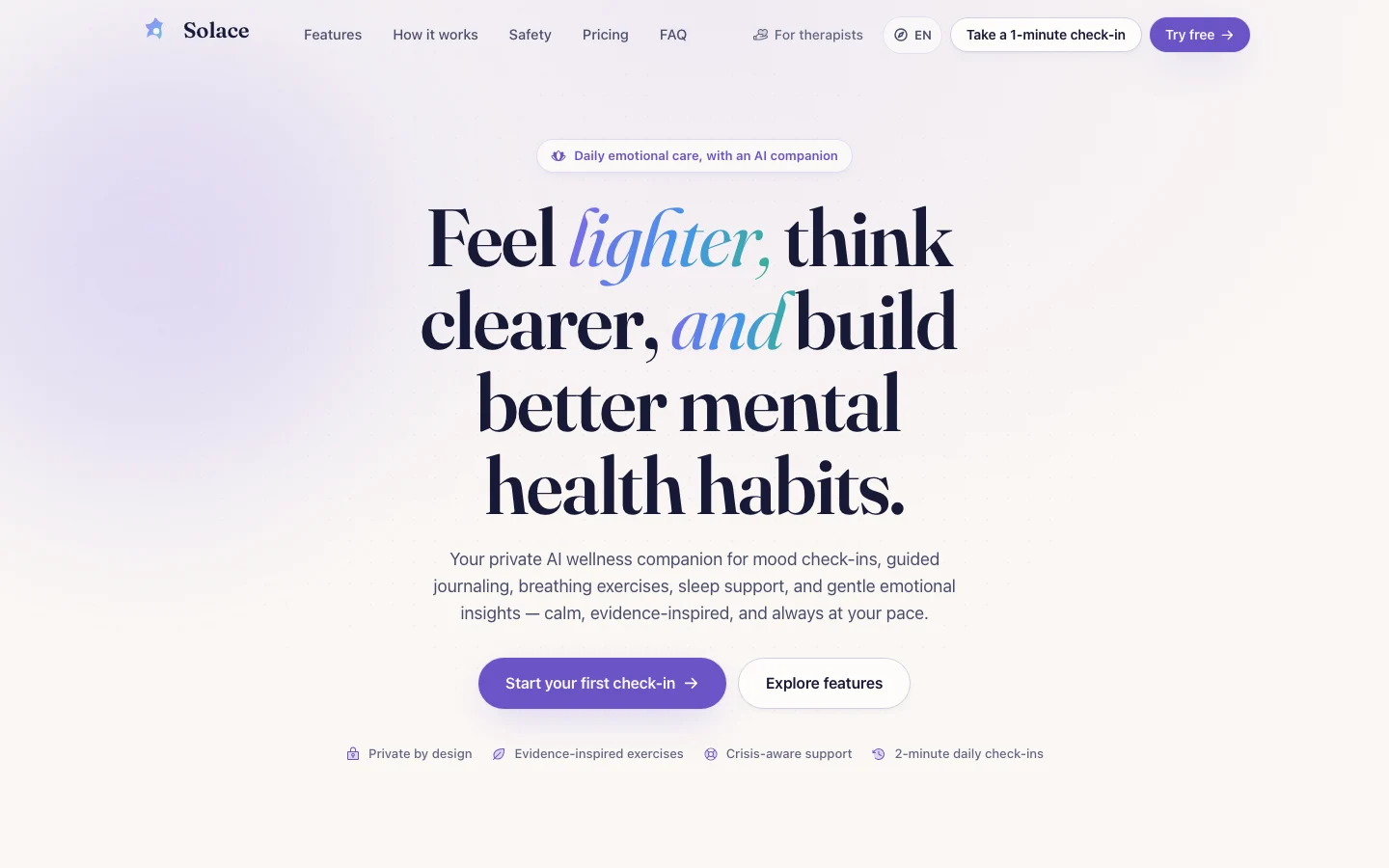 Solace - AI Wellness Companion UI Source Code - Marketing homepage