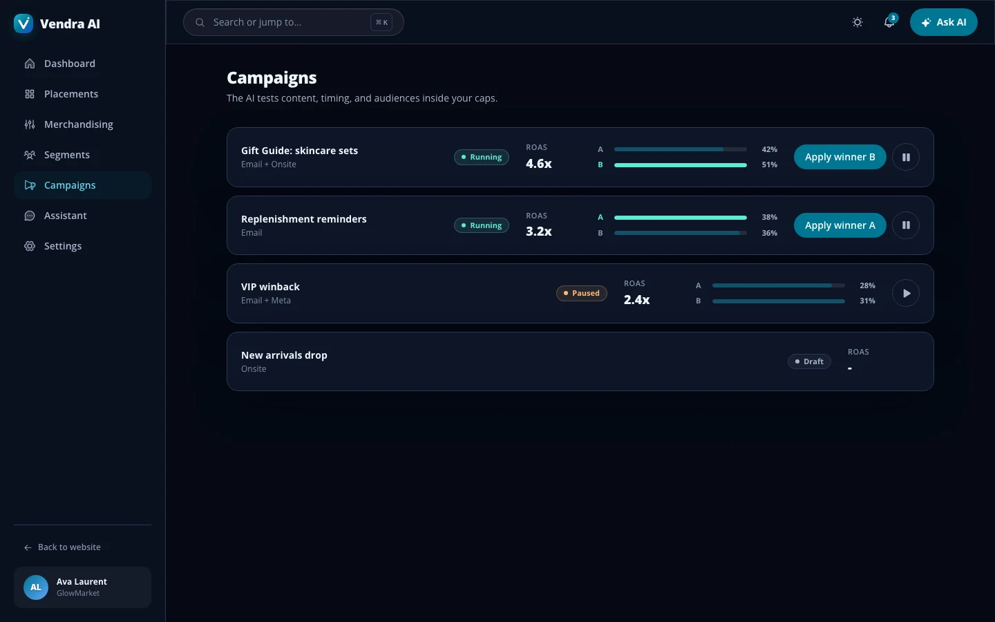 Vendra AI - AI Commerce Platform UI Source Code - Commerce campaigns