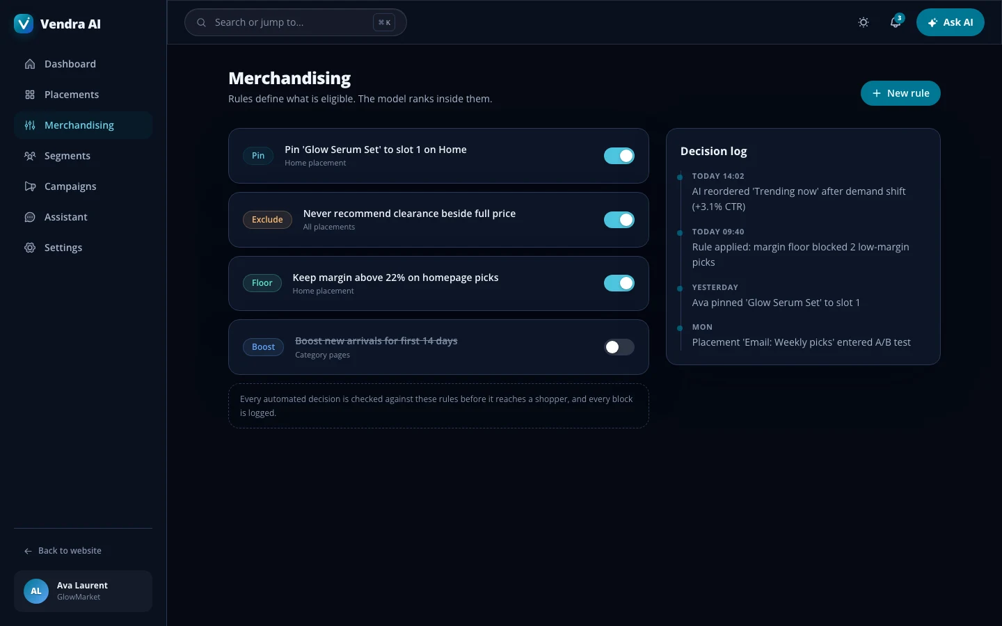 Vendra AI - AI Commerce Platform UI Source Code - Merchandising rules