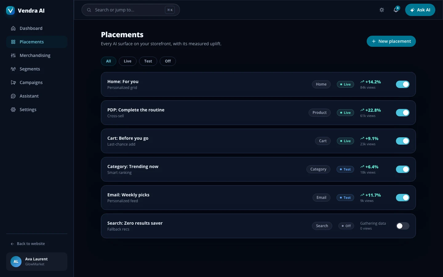 Vendra AI - AI Commerce Platform UI Source Code - AI placements