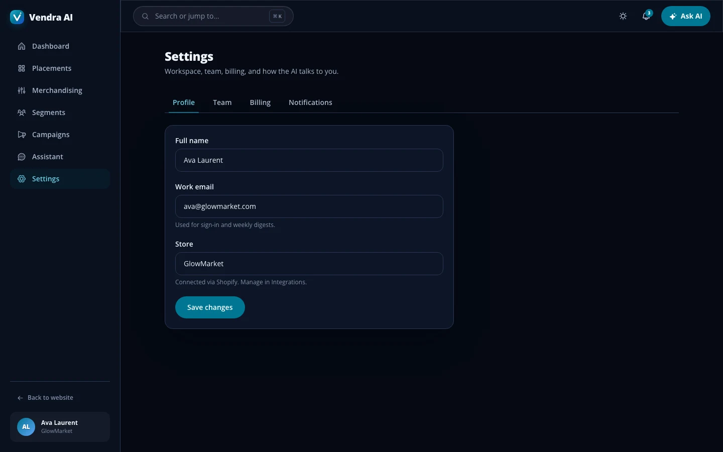 Vendra AI - AI Commerce Platform UI Source Code - Workspace settings