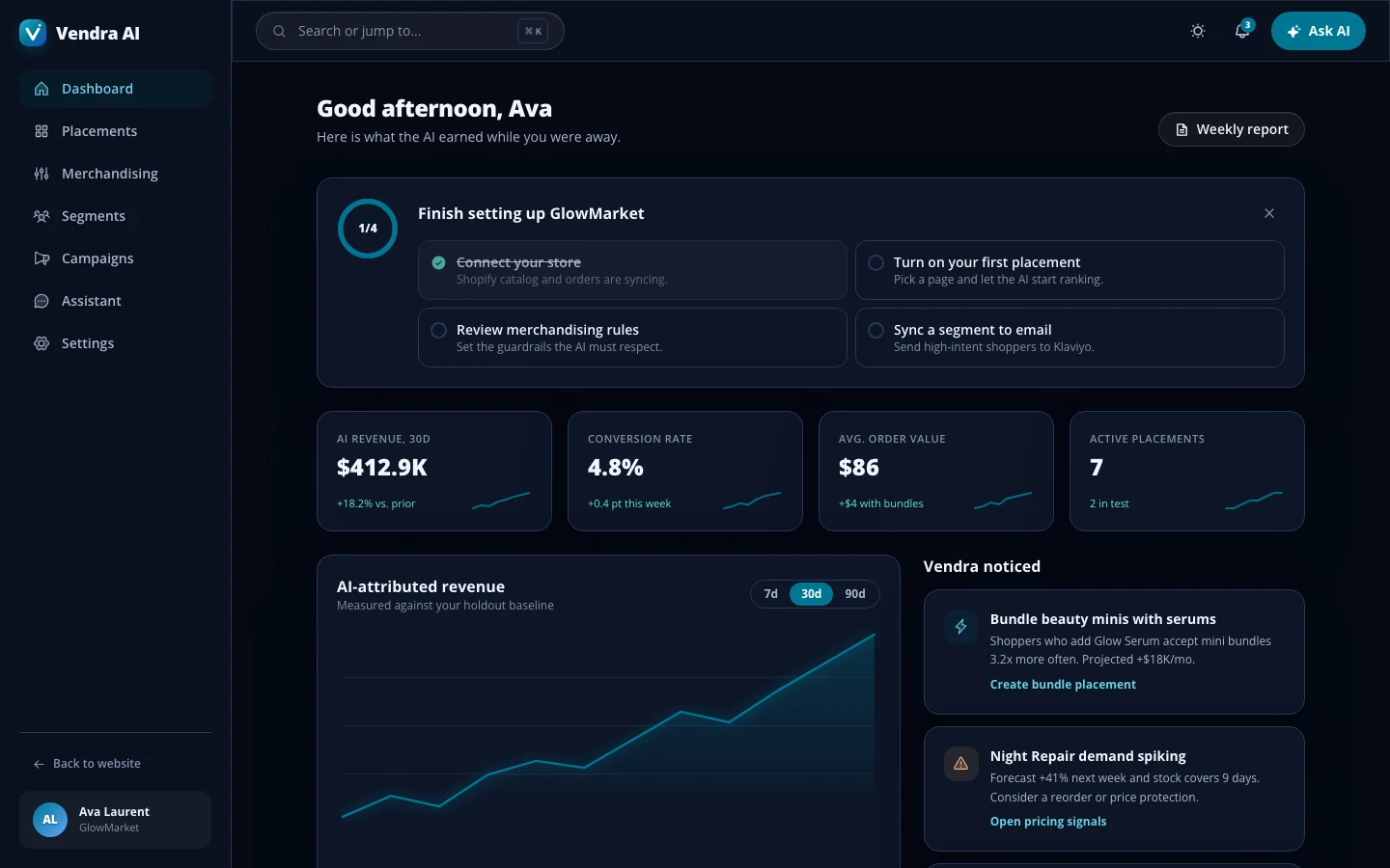 Vendra AI - AI Commerce Platform - Merchant intelligence dashboard