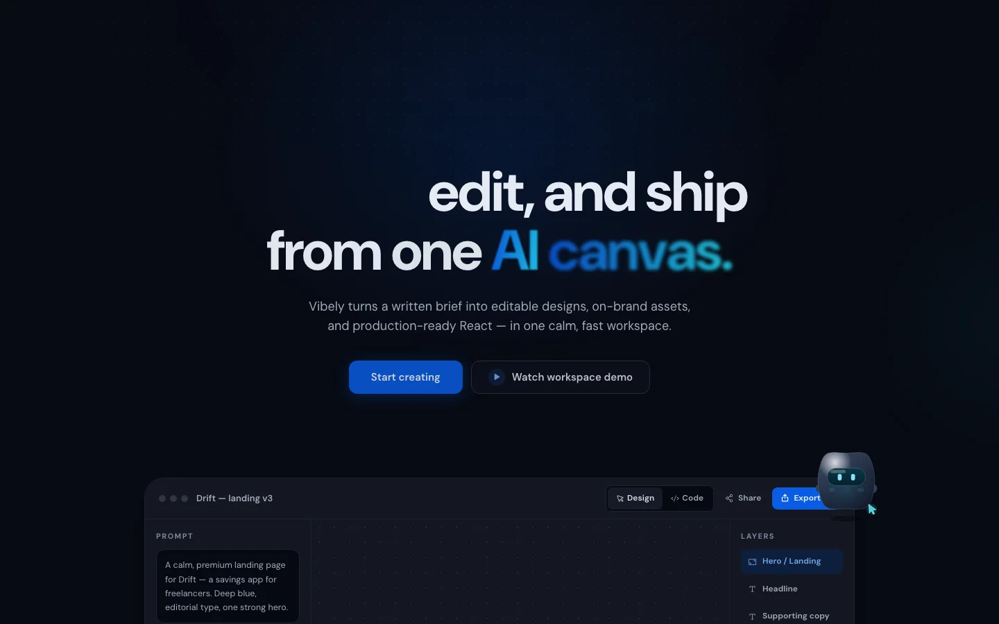 Vibely AI - AI Design and Code Workspace Source Code - Marketing homepage