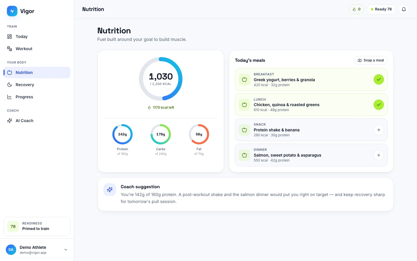 Vigor - AI Fitness Coach UI Source Code - Nutrition tracking