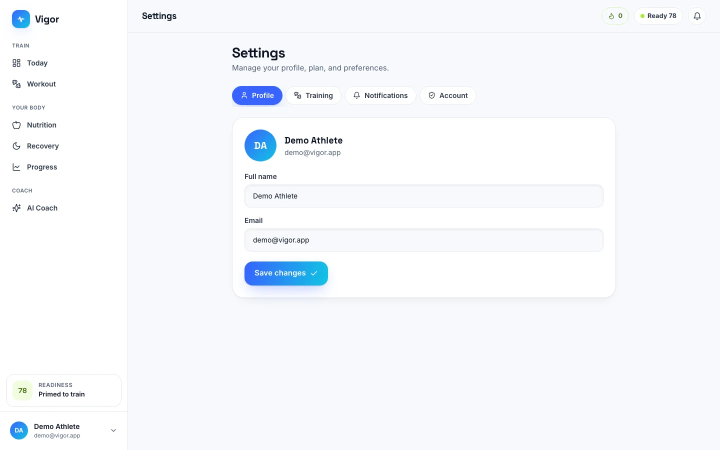 Vigor - AI Fitness Coach UI Source Code - Profile settings