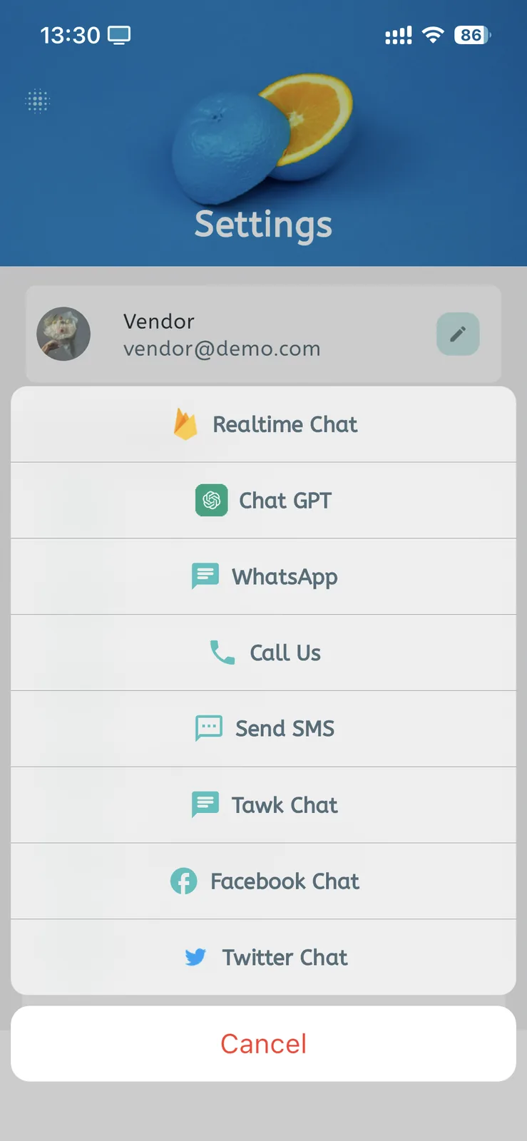 Fluxstore Multi Vendor - Flutter E-commerce Full App - Vendor contact options