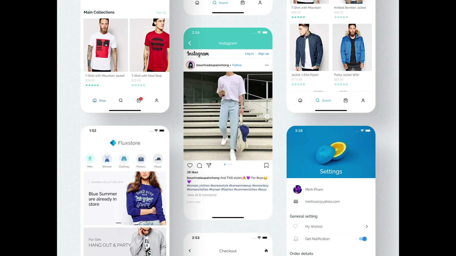 FluxStore mobile commerce app screens